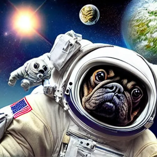 Image similar to hyper realistic, highly detailed, astronaut pug in space.