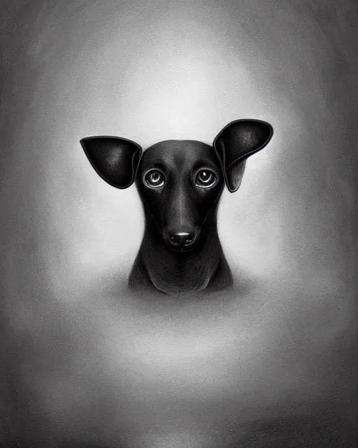 Prompt: painting black coat dachshund, by zdzislaw beksinski, by mattias adolfsson, by tiffany bozic, cold hue's, bright tone gradient background, concept art, single object scene, beautiful composition, digital painting