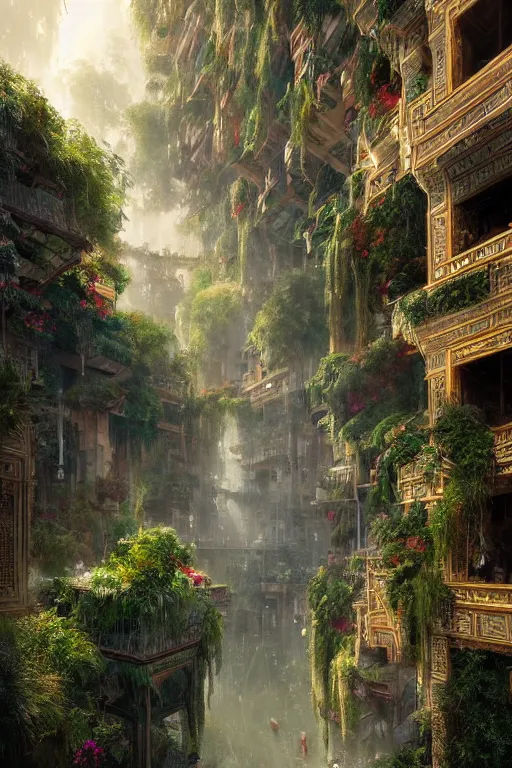 Image similar to magnificent view of the hanging gardens of babylon, intricate, elegant, volumetric lighting, digital painting, highly detailed, artstation, sharp focus, illustration, concept art, ruan jia, steve mccurry