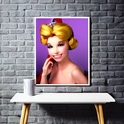 Image similar to poster of princess peach hanging on a wooden wall, realistic photo