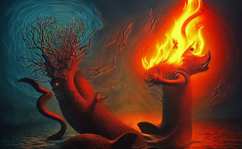 Image similar to mysterious bestiary of wild emotion monsters repressed in the deep sea of unconscious of the psyche lead by baba yaga, about to rip through and escape in a extraordinary revolution, dramatic fire glow lighting, surreal painting by ronny khalil