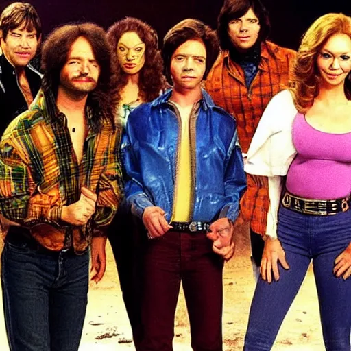 Prompt: that 70s show cast in post apocalyptic cyber punk outfits, hyper realistic, high definition