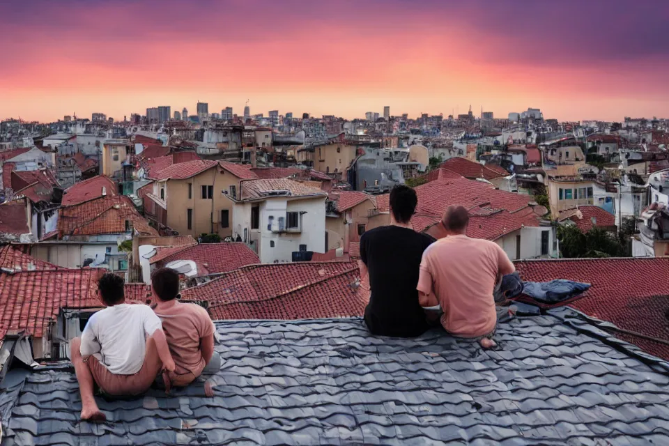 Prompt: two guys are sitting on the roof of a house against the background of the city during sunset