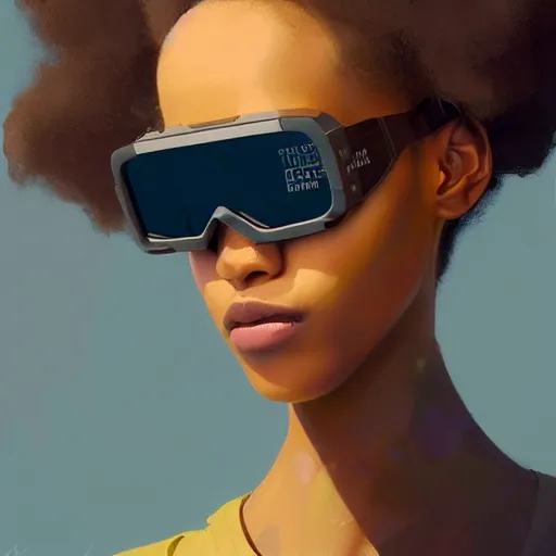 Image similar to Beautiful woman wearing opaque reflective goggles profile picture by Greg Rutkowski, brown skin, long afro hair, asymmetrical, futuristic, cool colors, streetwear, studio ghibli, Organic Painting , Matte Painting, geometric shapes, hard edges, street art, trending on the artstation, fantasy LUT, realistic by Sachin Teng,