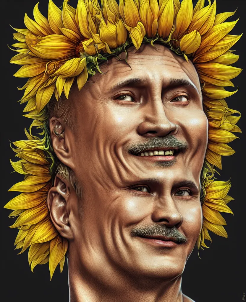 Image similar to digital art, centered full body of Putin smiling king, Sunflower crown, ,intricate, veins, by James Jean and by artgerm , by ross tran ultradetailed, charachter design, concept art, trending on artstation,