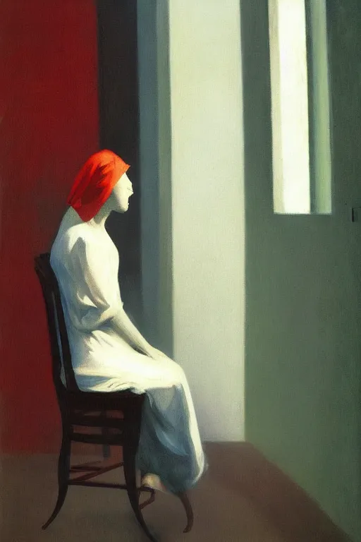 Image similar to woman behind a chair, face covered with veil, fog, early morning, , painted by Edward Hopper and Francis Bacon, painted by Wayne Barlow, airbrush