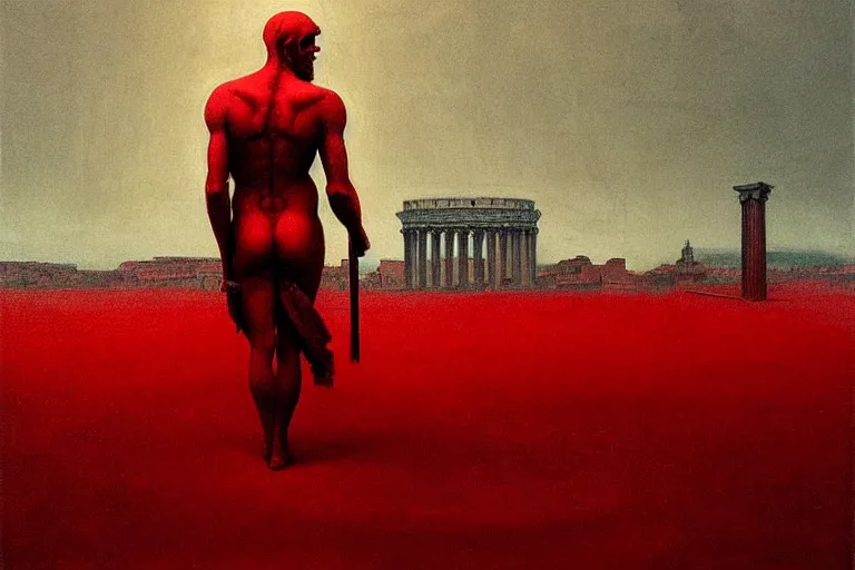 Image similar to only with red, caesar after war, a red tiger, in hoc signo vinces, rome in background, an ancient path, in the style of beksinski, part by hopper, part by rodcenko, part by hofbauer, intricate composition, red by caravaggio, insanely quality, highly detailed, masterpiece, red light, artstation