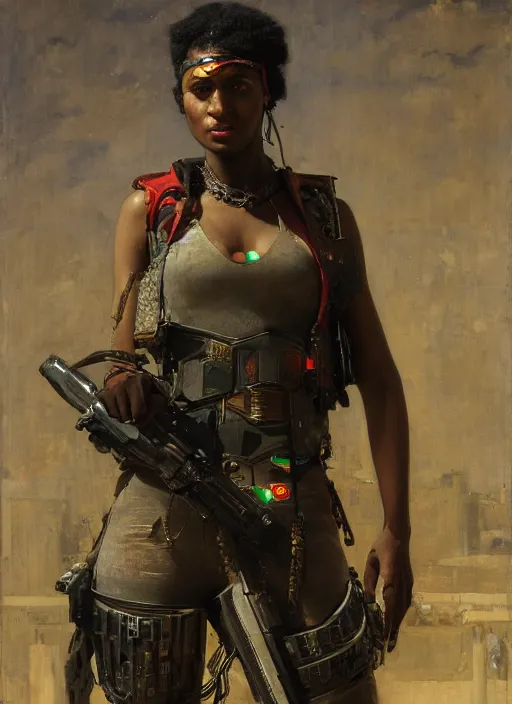 Prompt: Chidi. beautiful cyberpunk mercenary wearing military vest. Iranian orientalist portrait by john william waterhouse and Edwin Longsden Long and Theodore Ralli and Nasreddine Dinet, oil on canvas. Cinematic, hyper realism, dramatic lighting, high detail 4k