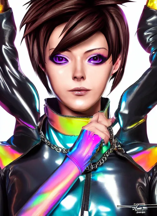 Image similar to portrait bust digital artwork of tracer overwatch, wearing iridescent rainbow latex and leather straps catsuit outfit, expressive face, makeup, in style of mark arian, angel wings, wearing detailed leather collar, chains, black leather harness, detailed face and eyes,