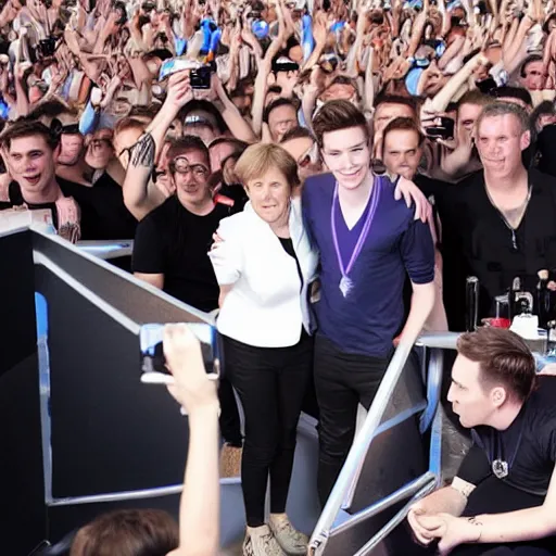 Prompt: hardwell taking a photo with angela merkel at airbeat one