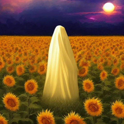 Prompt: Bedsheet Ghost in a field of sunflowers, sunset, highly detailed, digital painting, artstation, concept art, smooth, sharp focus, illustration, art by artgerm