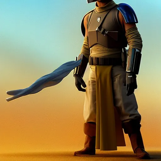 Prompt: a young blonde male jedi with short hair standing still, over the shoulder shot, ots shot, third-person shot, full-length, head-to-toe, full body photography, extremely long shot, long shot, concept art by Doug Chiang cinematic, realistic painting, high definition, concept art, the Mandalorian concept art style