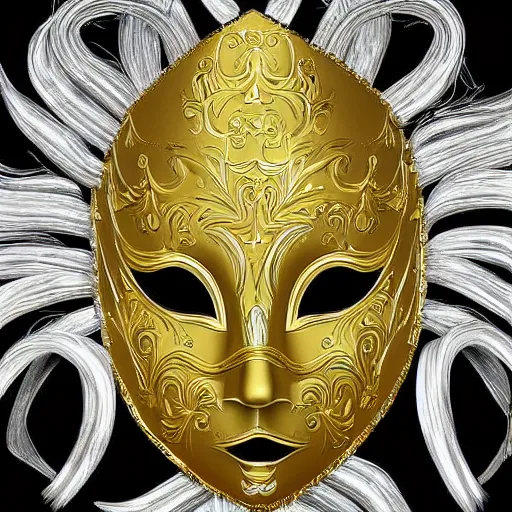 Prompt: a white - and - gold venetian mask emerging from black paint, digital art