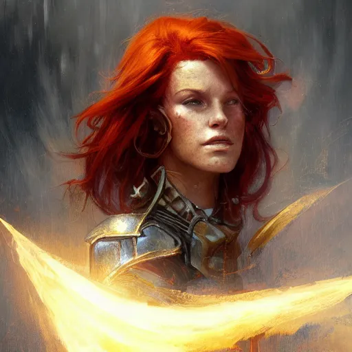 Image similar to closeup portrait of an artificer, dungeons and dragons character, dramatic lighting, female warrior, red hair, ginger hair, castle background, gorgeous view, realistic, high detail, digital art, painted by greg rutkowski, painted by jeremy mann, painted by alphonse mucha, trending on artstation