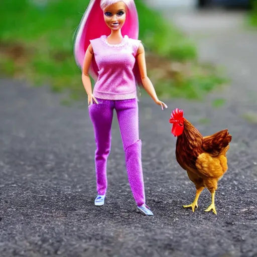 Image similar to barbie walking her pet chicken