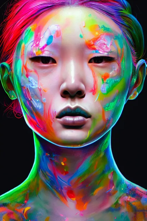 Image similar to hyperrealistic photography of a gorgeous girl pouring multicolored luminescent paint on her head in the style of jin kagetsu, james jean, chris cunninham, hans bellmer and wlop, highly detailed, face symmetry, masterpiece, award - winning, sharp focus, intricate concept art, ambient lighting, 8 k, artstation