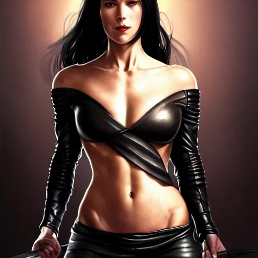 Prompt: an action photo of a black haired woman in a black leather jacket in a swordfight, muscular upper body, abs, d & d, fantasy, intricate, elegant, highly detailed, digital painting, artstation, concept art, smooth, sharp focus, illustration, art by artgerm and greg rutkowski and alphonse mucha