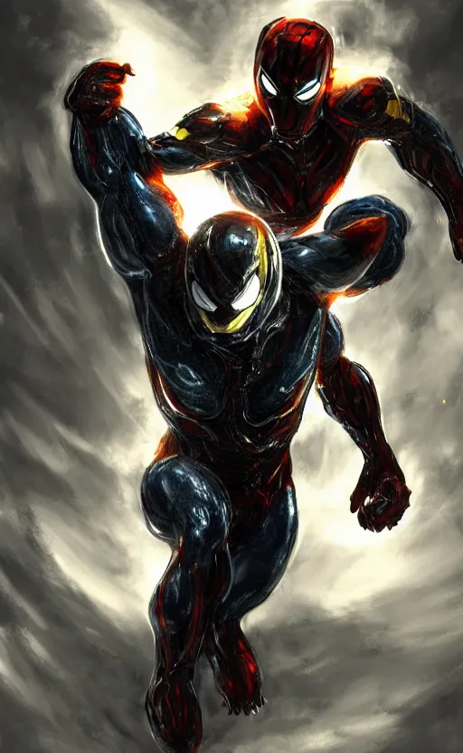 Image similar to venom as ironman, dynamic lighting, photorealistic fantasy concept art, trending on art station, stunning visuals, terrifying, creative, cinematic