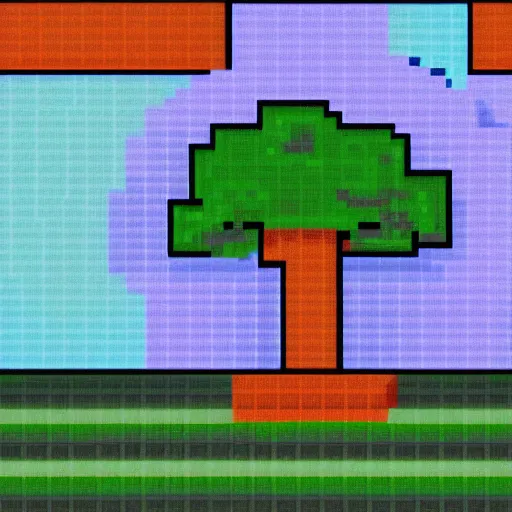 Prompt: pixel sprites, human, car, tree, building