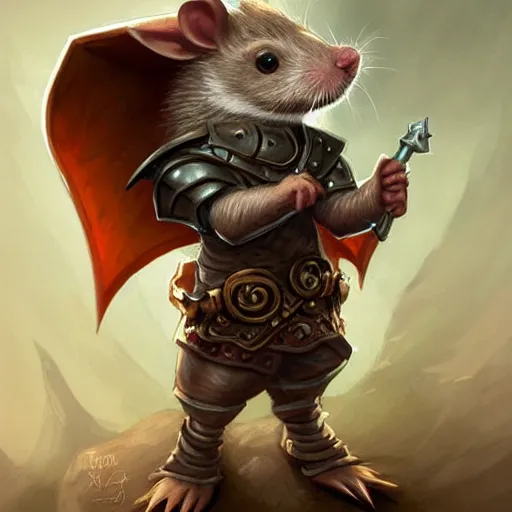 Image similar to cute little anthropomorphic Rat wearing Knight armor, ultra wide lens shot , tiny, small, short, cute and adorable, pretty, beautiful, DnD character art portrait, matte fantasy painting, DeviantArt Artstation, by Jason Felix by Steve Argyle by Tyler Jacobson by Peter Mohrbacher, cinematic lighting