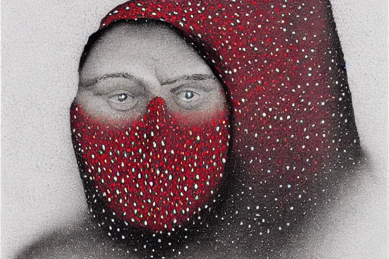 Image similar to face made out of mist, faceless people dark, dots, drip, stipple, pointillism, technical, abstract, minimal, style of francis bacon, asymmetry, pulled apart, cloak, hooded figure, made of dots, abstract, balaclava, red dots