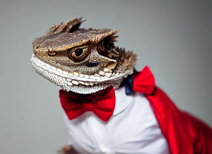 Image similar to dslr portrait still of a bearded dragon wearing a top hat and a red bowtie, 8 k 8 5 mm f 1. 4