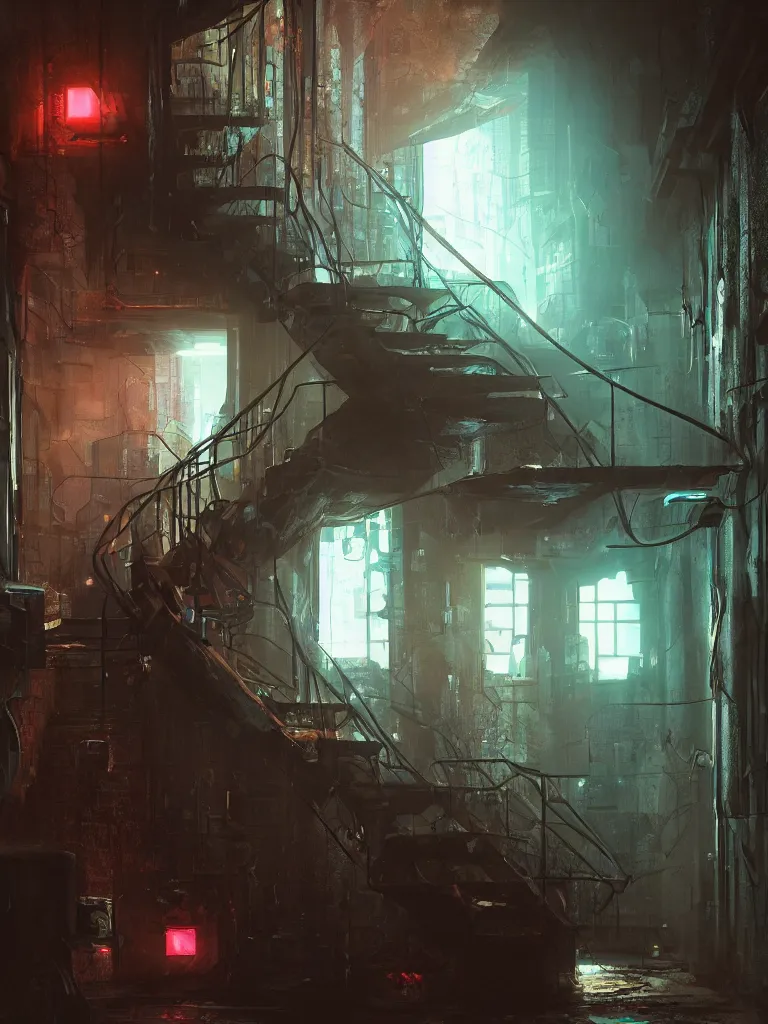 Image similar to a cellar staircase, cyberpunk style, digital painting, concept art, smooth, sharp focus, hyperrealistic, illustration, artstation trending, octane render, unreal engine, ambient light, dynamic lighting, magical, dark vibes, Cyberpunk 2077