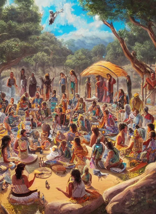 Prompt: a painting of indigenous people sitting in circle and playing music, matte painting, highly detailed, fantasy art