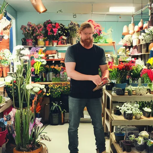 Prompt: photo of thor working in a flower shop