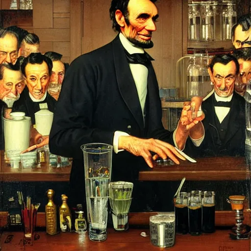 Prompt: abraham lincoln as a bartender by norman rockwell