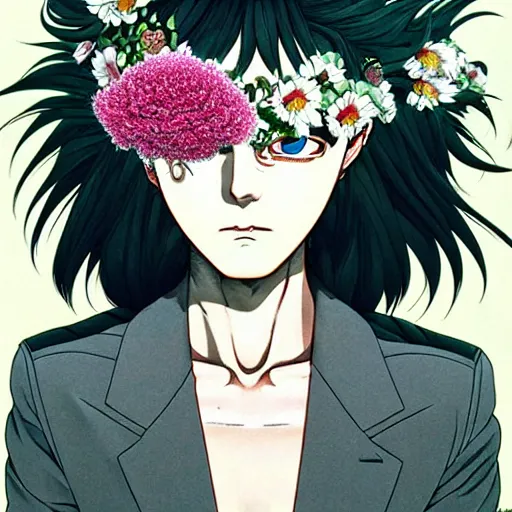 Image similar to prompt: Fragile portrait of singular persona covered with random flowers illustrated by Katsuhiro Otomo, inspired by Ghost in Shell and 1990 anime, smaller cable and cyborg parts as attributes, eyepatches, illustrative style, intricate oil painting detail, manga and anime 1990