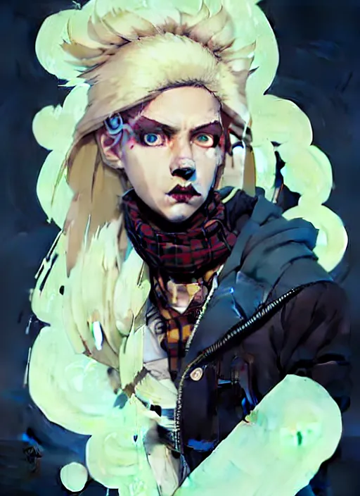 Image similar to highly detailed closeup portrait of a sewer punk lady thief student, tartan vestments, blonde hair by atey ghailan, by greg rutkowski, by greg tocchini, by james gilleard, by joe fenton, by kaethe butcher, gradient, blue, black, brown and cream color scheme, grunge aesthetic!!! white graffiti tag wall background