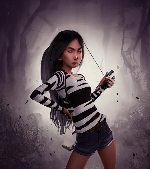 Prompt: epic fantasy comic book style portrait painting of a young expressive malaysian tomboy woman, futuristic tanktop with black and white stripes, long sleeves, bare midriff, by mark ryden pixar hayao miyazaki, unreal 5, daz, hyperrealistic, octane render, cosplay, rpg portrait, dynamic lighting, intricate detail, cinematic summer vibrancy