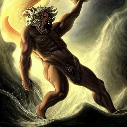 Image similar to TYPHON The deadliest MONSTER in Greek mythology and “Father of All Monsters”. Last son of Gaia, fathered by Tartarus and god of monsters, storms, and volcanoes. He challenged Zeus for control of Mount Olympus