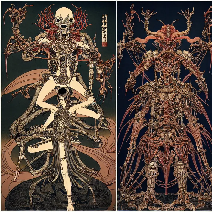 Prompt: still frame from Prometheus by Utagawa Kuniyoshi, lich god Dr doom in ornate bio cybernetic bone armour powered by magic and souls by Wayne Barlowe by peter Mohrbacher by Giger, dressed by Alexander McQueen and by Neri Oxman, metal couture hate couture editorial