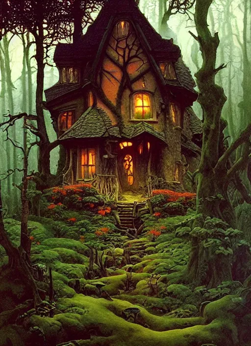 Image similar to hyper realistic witch cottage rococo in the woods gorgeous lighting, highly detailed, lush forest painting by zdzisław beksinski and norman rockwell and greg rutkowskiweta studio, and lucasfilm