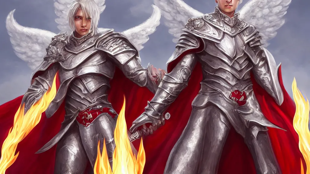 Image similar to male angel holding a flame sword, white metallic armor, red cape, detailed arms, intricate white armor, two arms, two legs, detailed fanart, rpg art, d&d art, macro art, digital art, DeviantArt, artstation, 8k HD