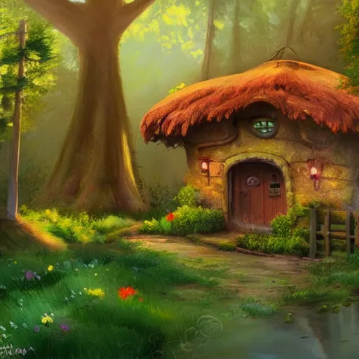 Image similar to a disney background art painting, an old cottage in a beautiful forest, soft light, disney concept art, the art of pixar,