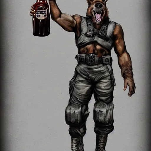 Image similar to a humanoid german shepherd beast - man in military style, holding a bottle of beer, artstation, concept art, smooth, sharp foccus ilustration, artstation