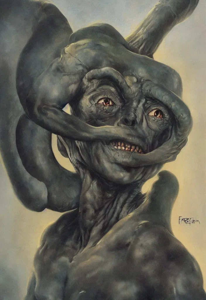 Image similar to ultra realistic portrait painting of the gray alien leader in military captivity from zeta reticuli, art by frank frazetta, 4 k, ultra realistic, highly detailed, epic lighting