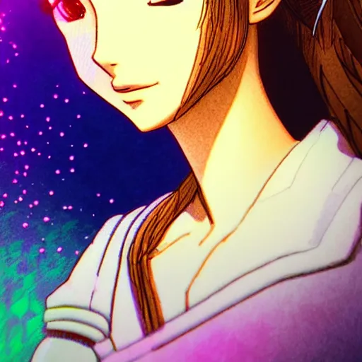 Prompt: daydreaming Aerith Gainsborough close-up portrait looking straight on, complex artistic color ink pen sketch illustration, full detail, gentle shadowing, fully immersive reflections and particle effects, chromatic aberration.