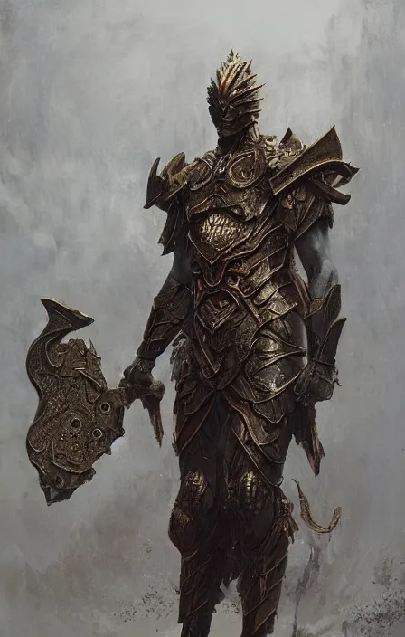 Image similar to zeus god, wearing thunder armor, ornamented armor, beksinski, ruan jia, weta workshop concept art