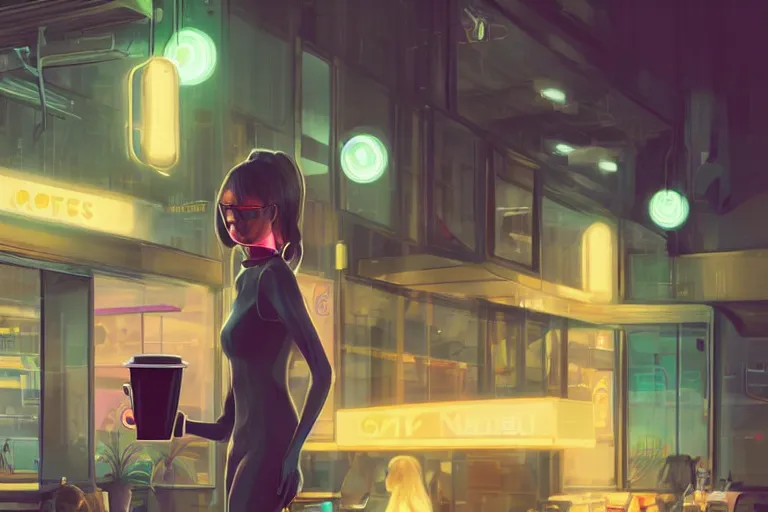 Prompt: An android with multiple arms having a cup of coffee outside a coffee shop in Japan, neon lights, digital painting, trending on artstation, deviantart, 8k, epic composition, intrinsic details, AAA graphics