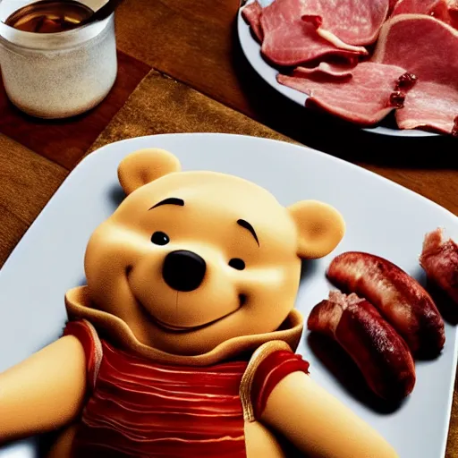 Prompt: close up of winnie the pooh with a plate of sausage and bacon and ham hock, cinematographic shot, photo 3 d