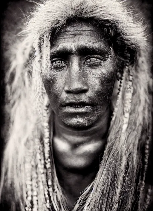 Image similar to Award winning Editorial photo of a Native Nauruans with incredible hair and beautiful hyper-detailed eyes wearing traditional garb by Lee Jeffries, 85mm ND 5, perfect lighting, gelatin silver process