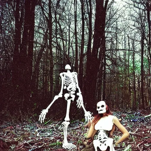 Image similar to “a girl and pale horse with skeleton angel wings standing in the middle of a dark forest in the middle of the night with the ground littered with filth and garbage and trash. 35mm film. Cursed image. Found photo.”