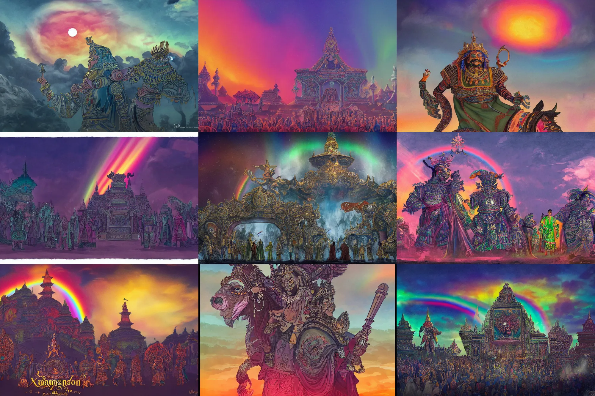 Prompt: King Rajasanagara coronation day in ancient Majapahit kingdom, sunset sky in the background with ambient turbulent rainbow aurora in the shape of Barong, in the style of Guillermo del Toro and Milt Kahl, xerography, concept art, ultra detailed, cinematic, illustration, trending on artstation