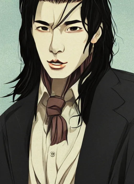 Image similar to portrait illustration by yoji shinakawa, handsome male vampire, focus on face, pretty, long black hair, dark blue shirt, light brown coat