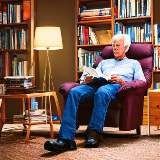 Image similar to a man sitting in a recliner reading the gunslinger by stephen king