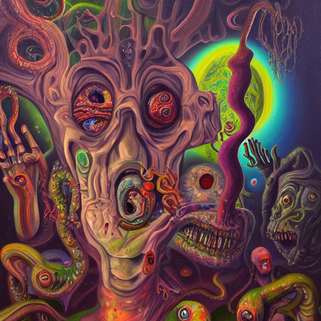 Image similar to an oil on canvas portrait painting of an acid trip, polycount, surrealism, surrealist, lovecraftian, cosmic horror, high detail